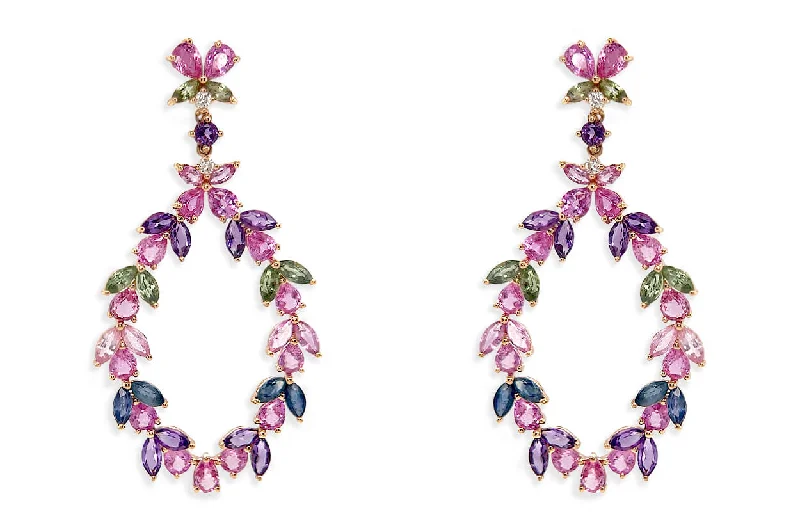 adaptable birthstone earrings-Earrings 18kt Gold Floral Sapphires Amethyst & Diamonds Drop