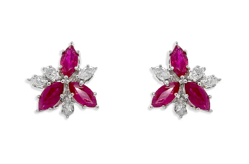 retro garnet earrings-Earrings 18kt Gold Flowers Marquise Rubies & Diamonds