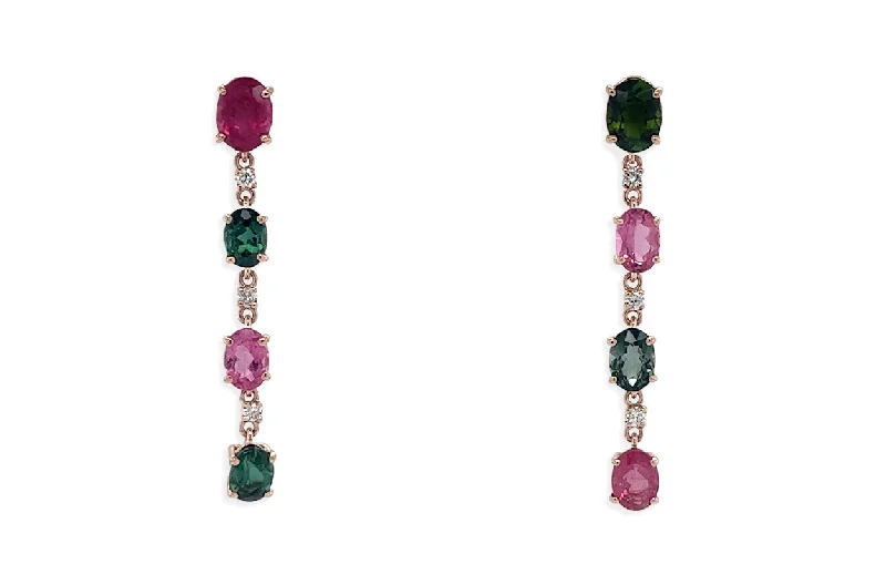 rose gold seven-hoop earrings-Earrings 18kt Gold Multicolor Oval Tourmaline & Diamonds Drops