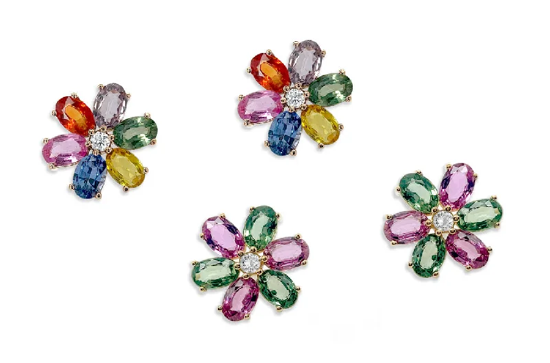 floral-inspired stud earrings-Earrings 18kt Gold Multicolor Oval Insignia Flowers & Diamonds