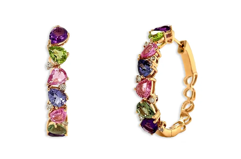 tech gold earrings-Earrings 18kt Gold Multicolor Pear Sapphires & Diamonds Hoops