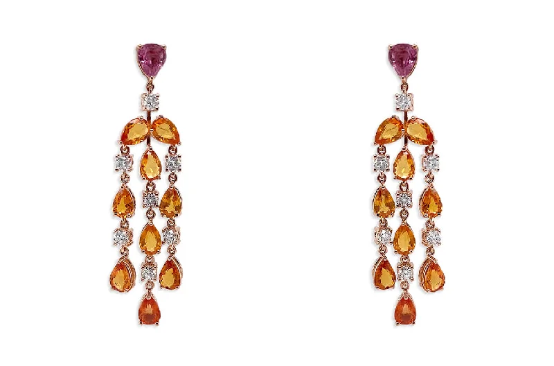 ripple-shaped charm earrings-Earrings 18kt Gold Orange Pear Sapphires & Diamonds Chandelier