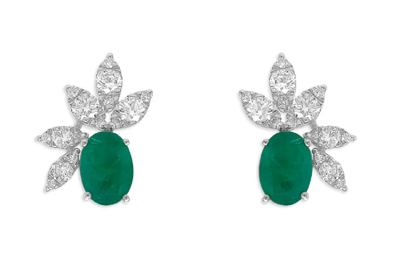 slender bar earrings-Earrings 18kt White Gold Oval Emerald & Diamonds Flowers