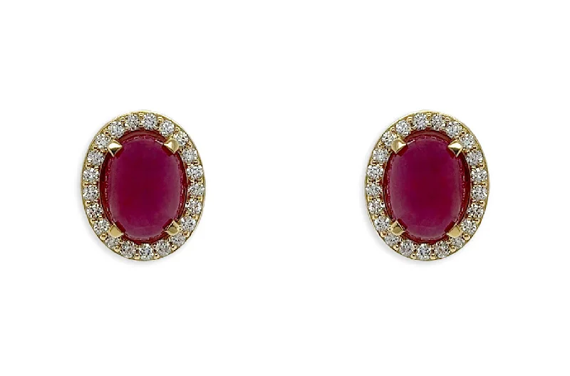 adaptable hoop earrings-Earrings 18kt Gold Oval Ruby Cabochons & Diamonds Studs