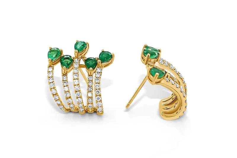 adaptable hoop earrings-Earrings 18kt Gold Pear Emeralds & Round Diamonds Lobe Studs