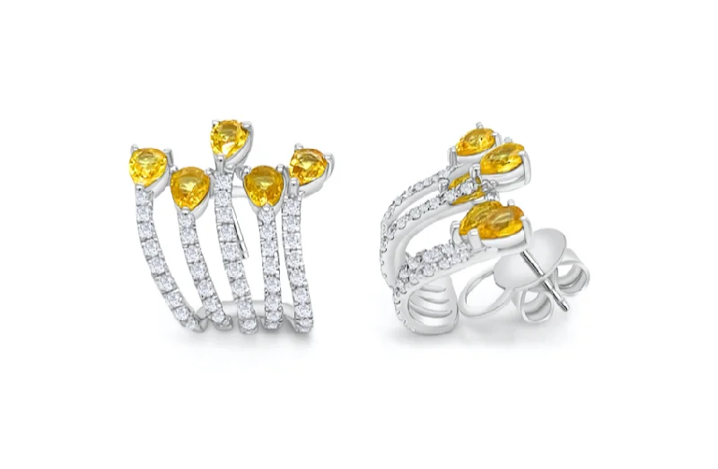 coiled silver earrings-Earrings 18kt Gold Pear Yellow Sapphires & Round Diamonds Lobe Studs