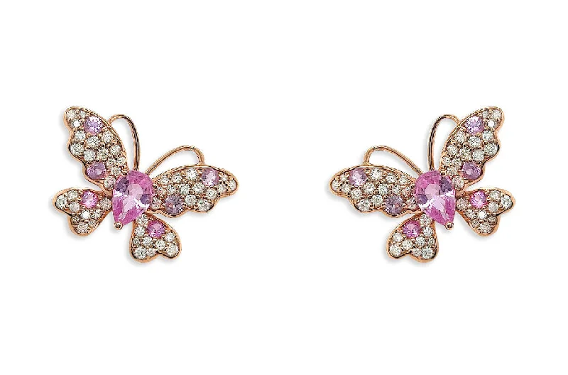 sprig drop earrings-Earrings 18kt Gold Pink Sapphire & Diamonds Butterflies