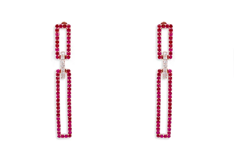 sprig chiseled earrings-Earrings 18kt Gold Rectangular Rubies & Diamonds Drops