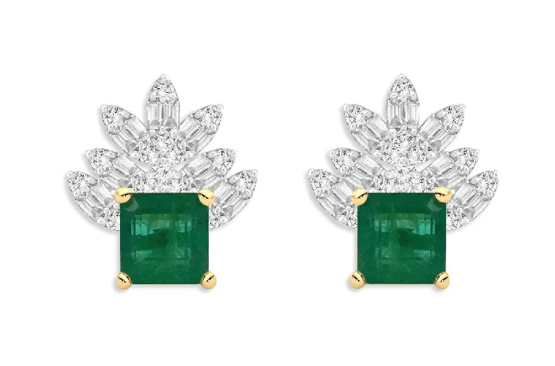 interlocked gold earrings-Earrings 18kt Gold Square Emerald & Marquise Illusion Diamonds