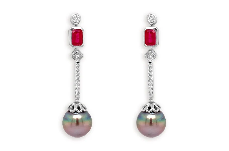 rose gold coiled earrings-Earrings 18kt Gold Tahití Pearls with Rubies & Diamonds studs