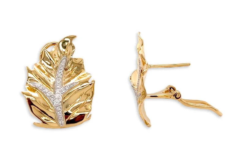 silver coil earrings-Earrings 18kt Gold Yellow Leaves & Diamonds Omega Back