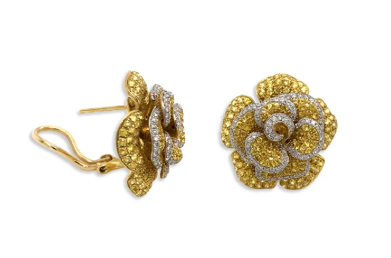 adaptable hoop earrings-Earrings 18kt Gold Yellow Sapphire Flowers & Diamonds