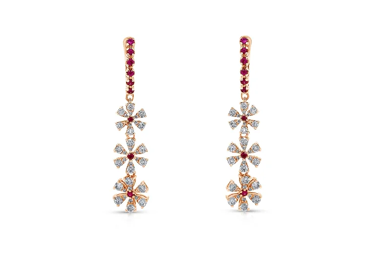 retro ruby stud earrings-Earrings 18kt Rose Gold Diamonds and Rubies Flowers Drops