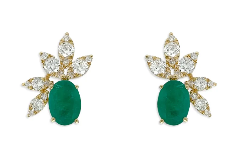 fluid chandelier earrings-Earrings 18kt Yellow Gold Oval Emerald & Diamonds Flowers