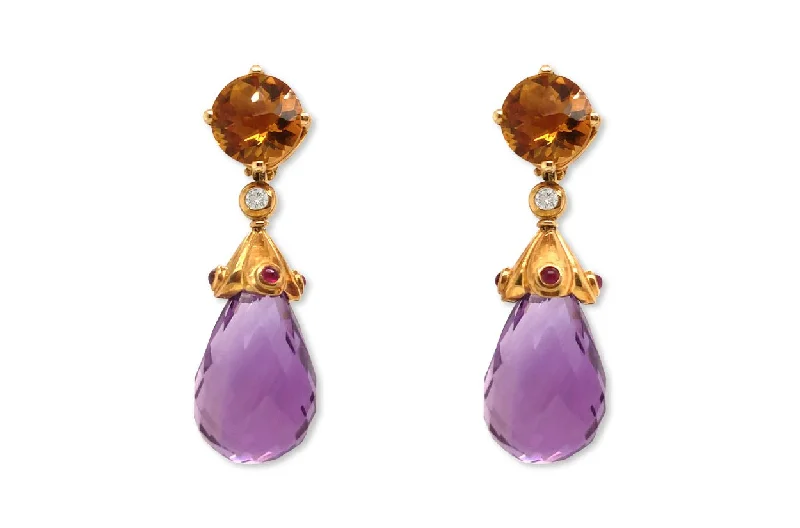 chiseled monogram earrings-Earrings Citrine Faceted, Ruby Cabouchons & Faceted Amethyst Teardrop