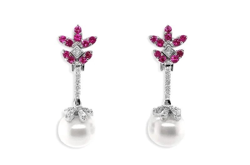 slender hoop earrings-Earrings Pink Sapphires & Diamonds with South Sea Pearls