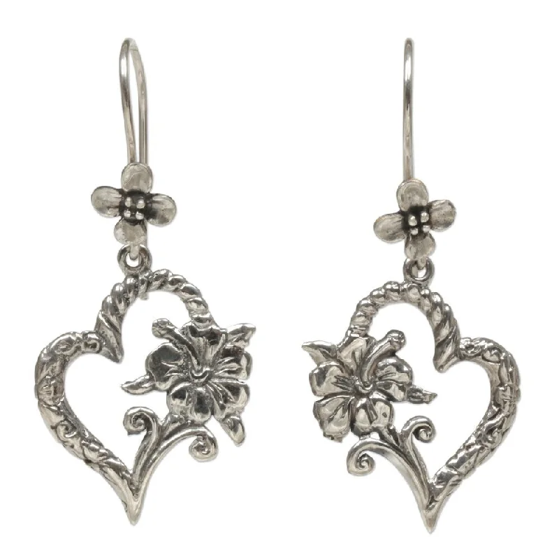 silver coil earrings-Handmade Hibiscus Bloom Sterling Silver Earrings (Indonesia) - 1.7L*0.7W