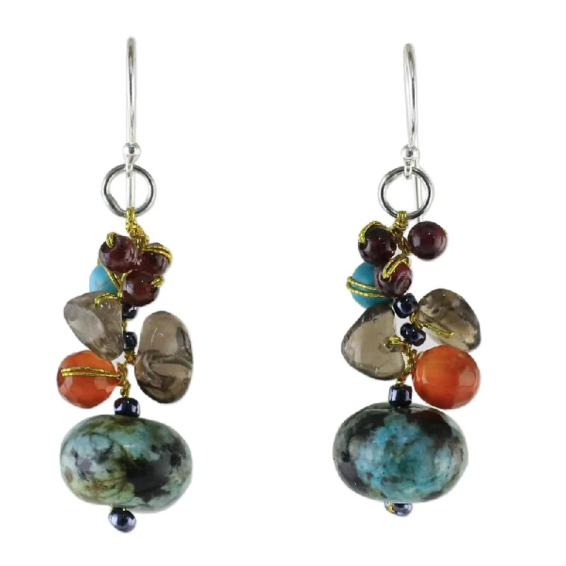 bronze drop earrings-Handmade Multi-Gemstone Dangle Earrings, 'Exotic Cluster' (Thailand) - 1.7*0.5