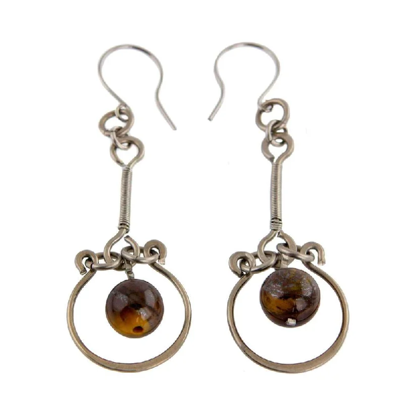 pearl coiled earrings-Handmade Stainless Steel 'Balanced Nature' Tiger's Eye Earrings (Brazil) - Brown