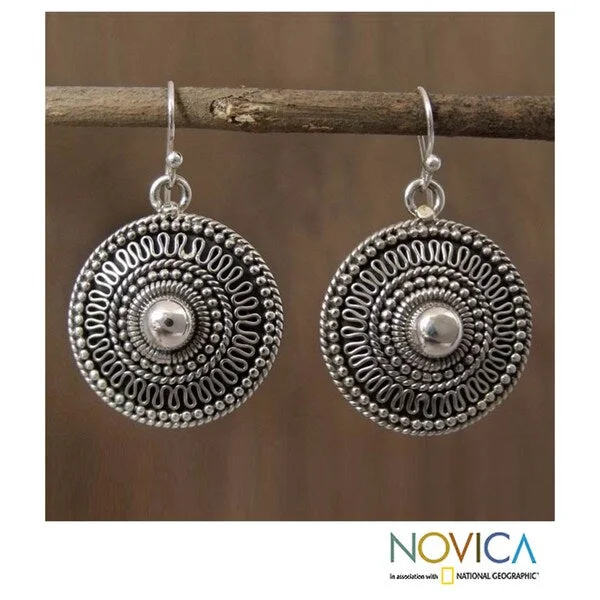 gleaming stud earrings-Handmade Sterling Silver 'Ancient Sun' Earrings (India)