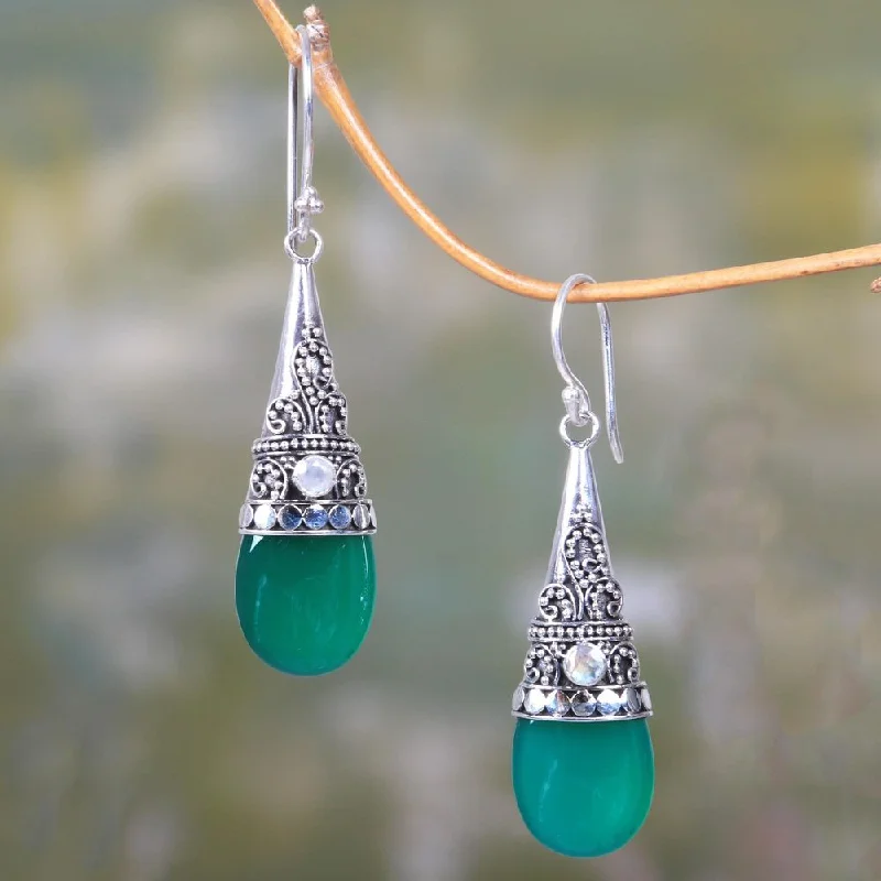 bronze drop earrings-Handmade Sterling Silver 'Bali Tradition' Onyx Moonstone Earrings (Indonesia) - Green - 1.9*0.5