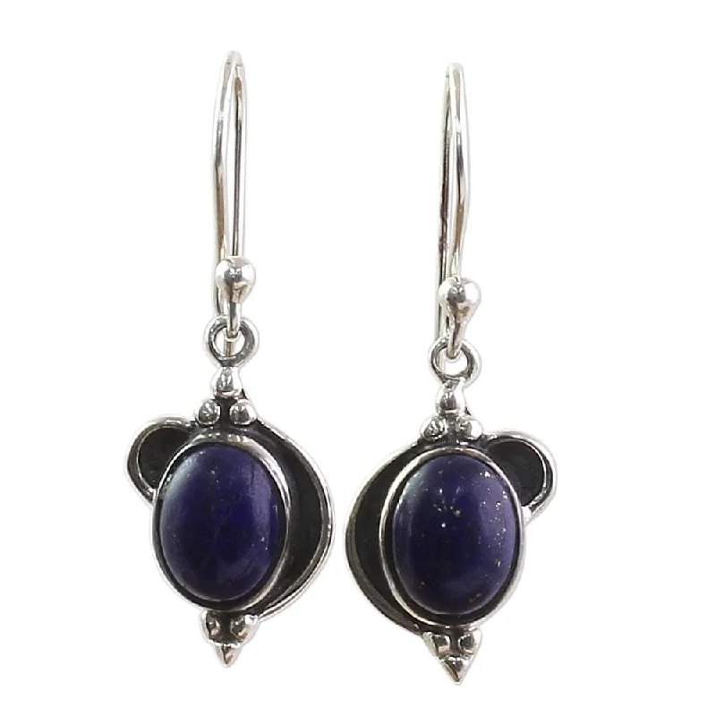 tech matte earrings-Handmade Sterling Silver 'Blue Ovals' Lapis Lazuli Earrings (India)