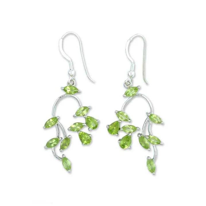 slender drop earrings-Handmade Sterling Silver 'Drifting Petals' Peridot Dangle Earrings (India)