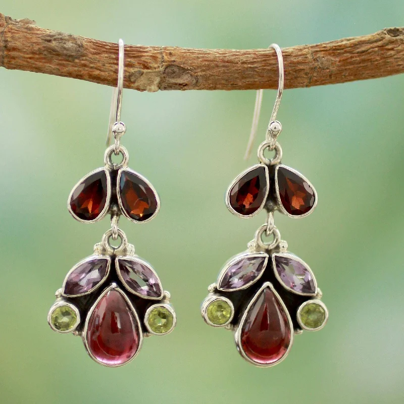 slender stud earrings-Handmade Sterling Silver 'Elegance' Multi-gemstone Earrings (India) - 1.9*0.7