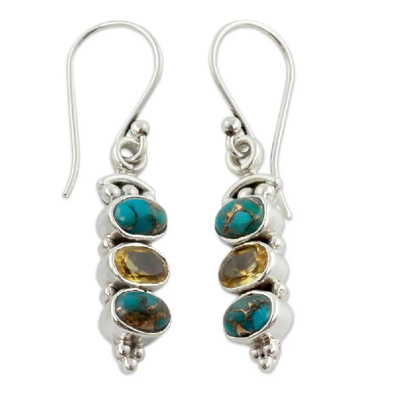 extravagant drop earrings-Handmade Sterling Silver 'Golden Mystique' Citrine Turquoise Earrings (India) - 1.6*0.2