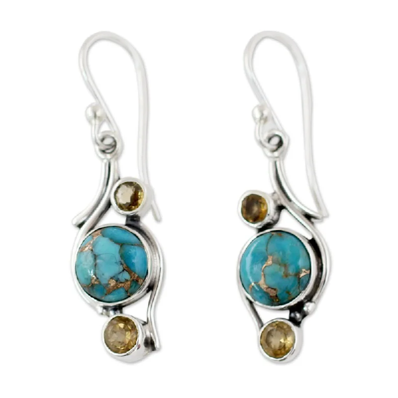 extravagant statement earrings-Handmade Sterling Silver 'Golden Sky' Citrine Turquoise Earrings (India) - 1.5*0.4