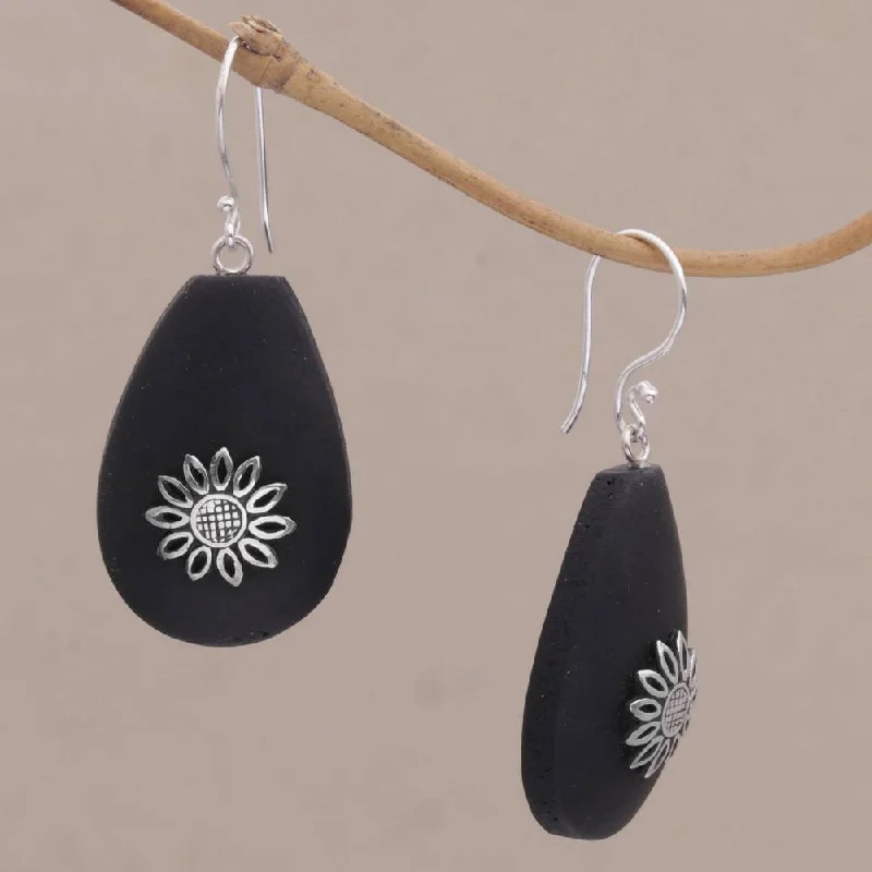 sprig sapphire earrings-Handmade Sterling Silver Lava Stone 'Pura Petals' Earrings (Indonesia) - 1.8*0.8