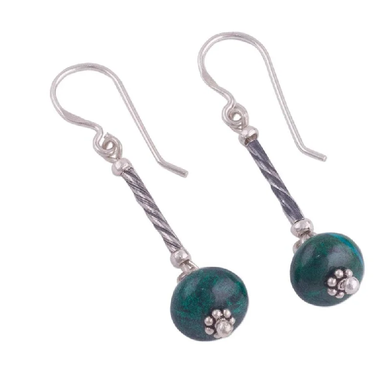 retro-style earrings-Handmade Sterling Silver 'Meadow Goddess' Chrysocolla Earrings (Peru) - 2L*0.4W