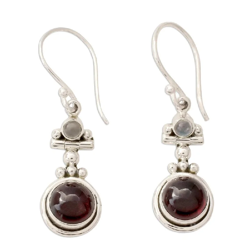 tech rivet earrings-Handmade Sterling Silver Misty Moon Garnet Moonstone Earrings (India) - Red - 1.6*0.4