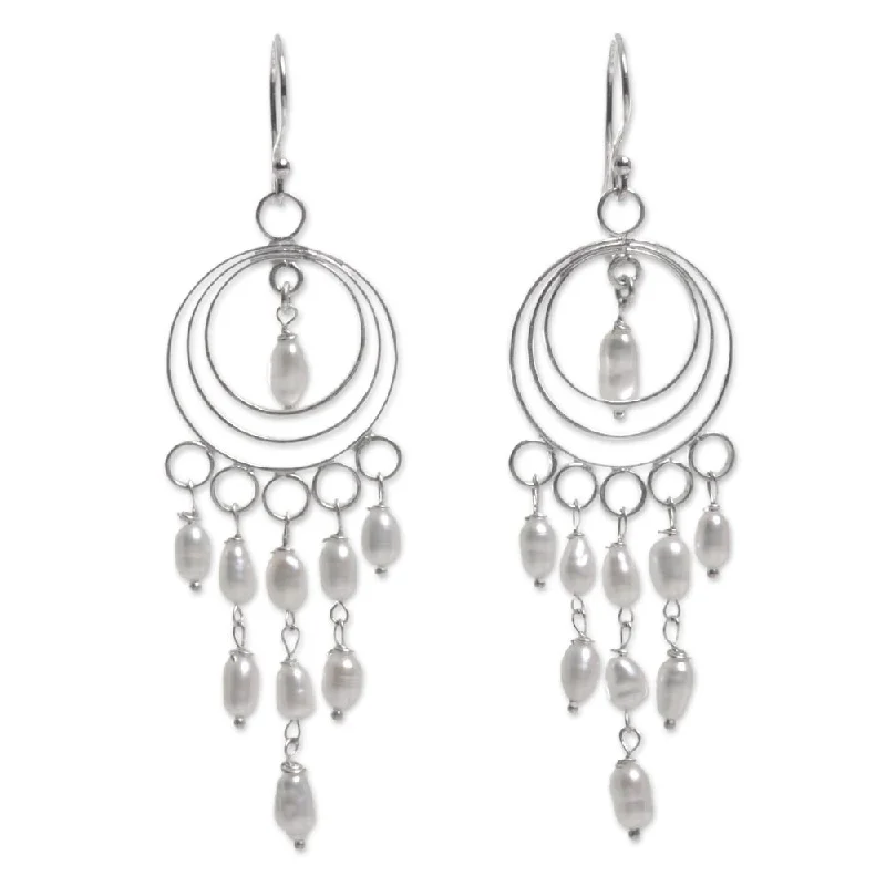 refined lattice earrings-Handmade Sterling Silver 'Moonlit Circles' Cultured Pearl Chandelier Earrings (3 mm) (Indonesia)