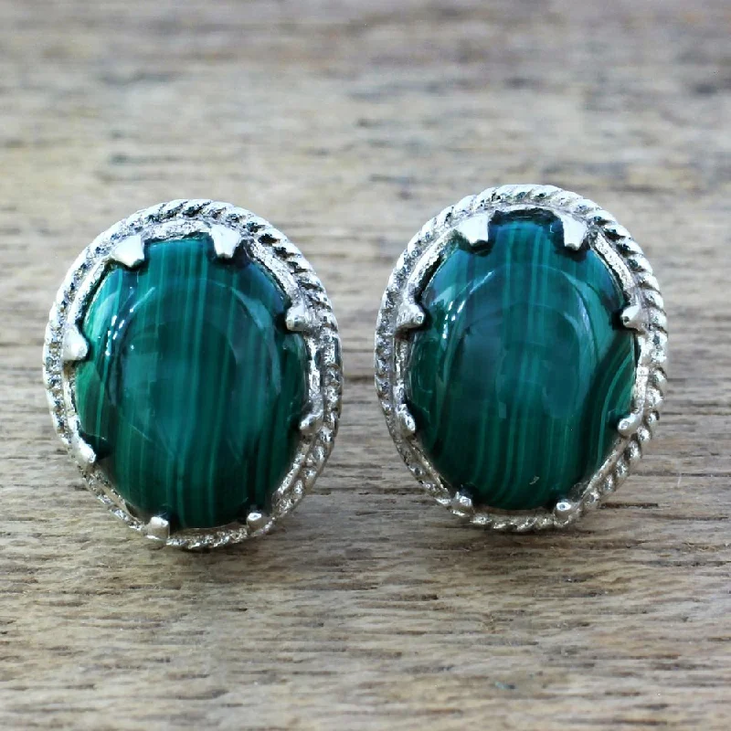 distressed gold earrings-Handmade Sterling Silver 'Morning Forest' Malachite Earrings (India)