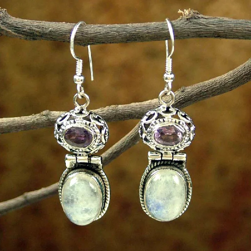 ripple-shaped drop earrings-Handmade Sterling Silver 'Mystic' Moonstone Amethyst Earrings (India)