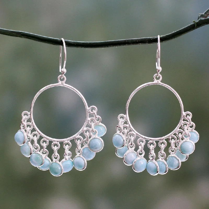 seven-stone earrings-Handmade Sterling Silver 'Playful Petals' Larimar Earrings (India)