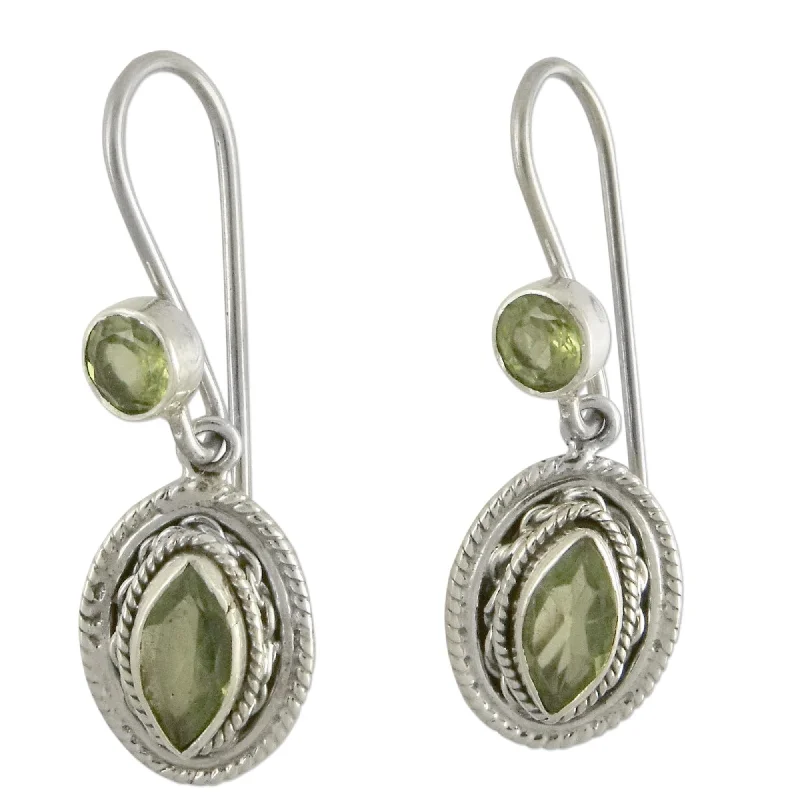 distressed silver hoop earrings-Handmade Sterling Silver 'Springtime Muse' Peridot Dangle Earrings (India)