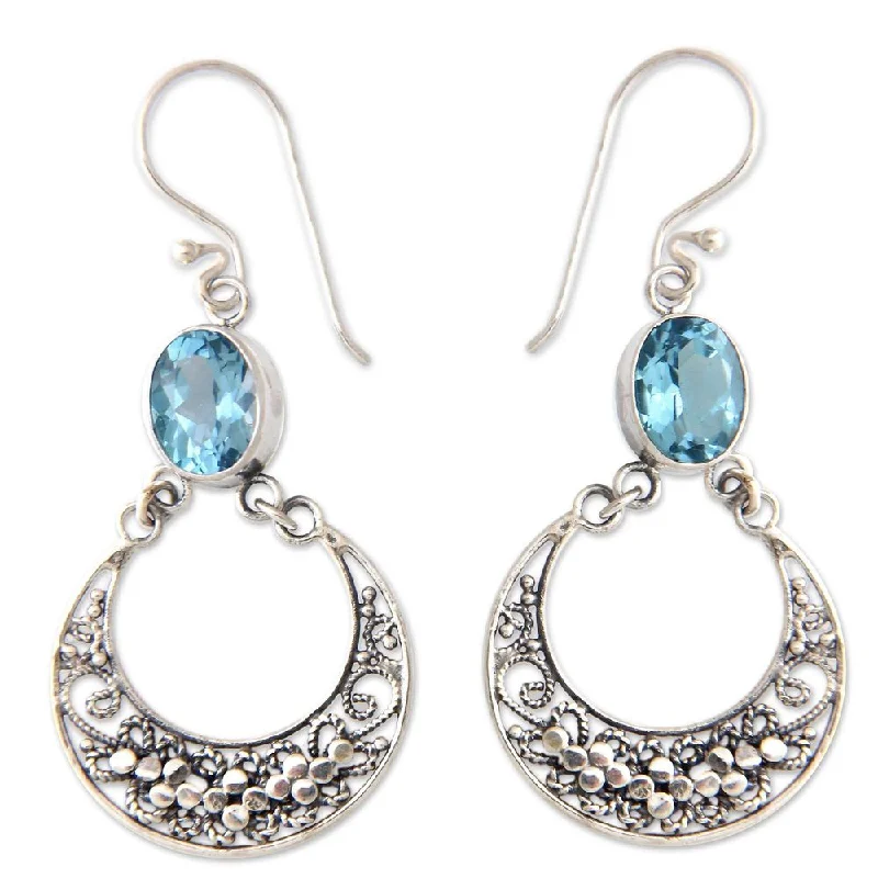 slender bar earrings-Handmade Sterling Silver 'Sumatra Moons' Blue Topaz Earrings (Indonesia)