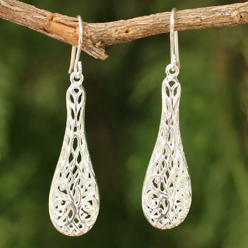 distressed statement earrings-Handmade Sterling Silver 'Thai Lace' Dangle Earrings (Thailand)