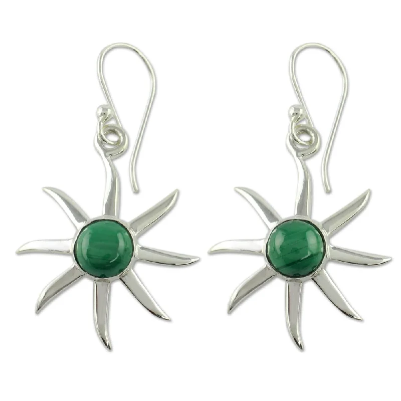 extravagant statement earrings-Handmade Sterling Silver Verdant Sun Malachite Earrings (India)