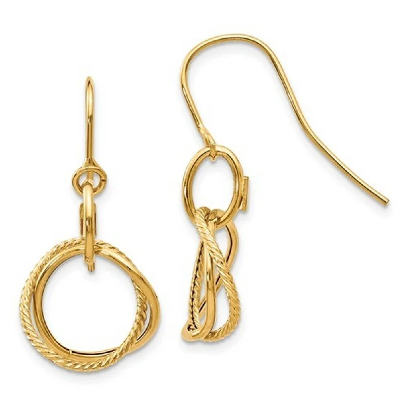 gothic gold earrings-Italian 14K Gold Double Circle Textured Drop Hook Earrings (yellow or white) - Orange