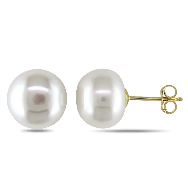 retro-style drop earrings-Miadora 10k Yellow Gold White Cultured Freshwater Pearl Stud Earrings (9-10mm)