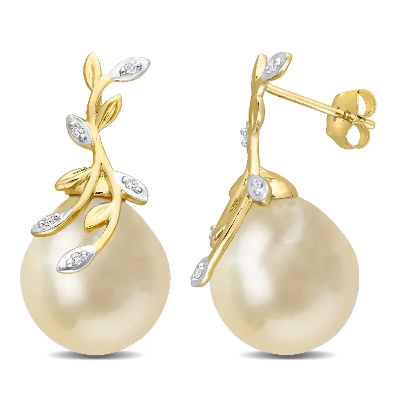 slender birthstone earrings-Miadora Golden South Sea Cultured Pearl and Diamond Accent Leaf Stud Earrings in 14k Yellow Gold