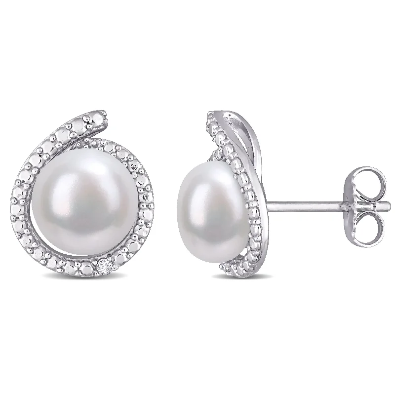 raw gold earrings-Miadora Sterling Silver Cultured Freshwater Pearl and Diamond Accent Halo Stud Earrings (8-8.5mm)