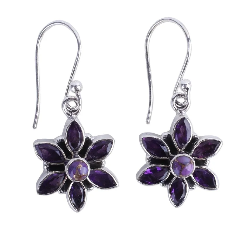 slender birthstone earrings-NOVICA Handmade Sterling Silver Dew-Kissed Violets Amethyst Turquoise Earrings (India) - 1.4*0.6