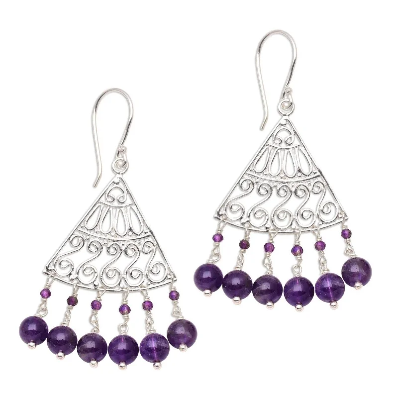 adaptable drop earrings-NOVICA Spiral Fascination, Amethyst chandelier earrings - 2.4*1.1