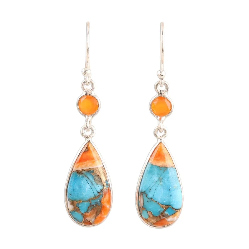 tech gold earrings-NOVICA Teardrop Glamour, Carnelian and composite turquoise dangle earrings