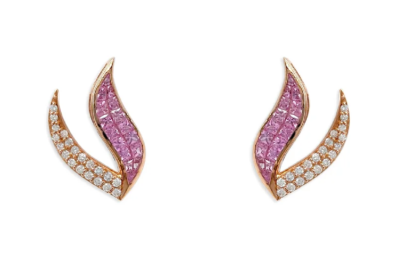 glowing gold earrings-Earrings 18kt Gold Princess Cut Pink Sapphires & Diamonds