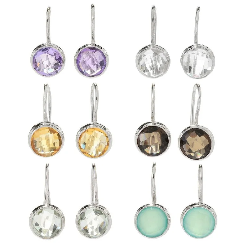 deco amber earrings-Set of 6 Sterling Silver 0.75" Round Gemstone Drop Earrings